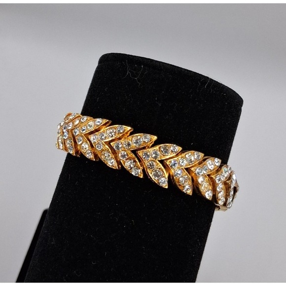 Vintage Rhinestone Leaf Bracelet Gold Tone Chevron Link Safety Chain Mid Century - Picture 3 of 11